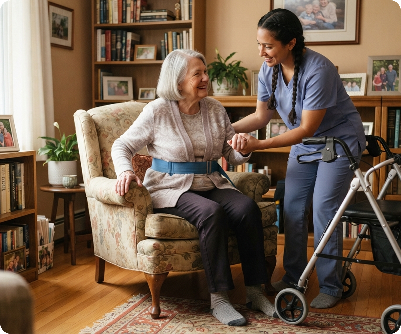 Carer helping client with walker